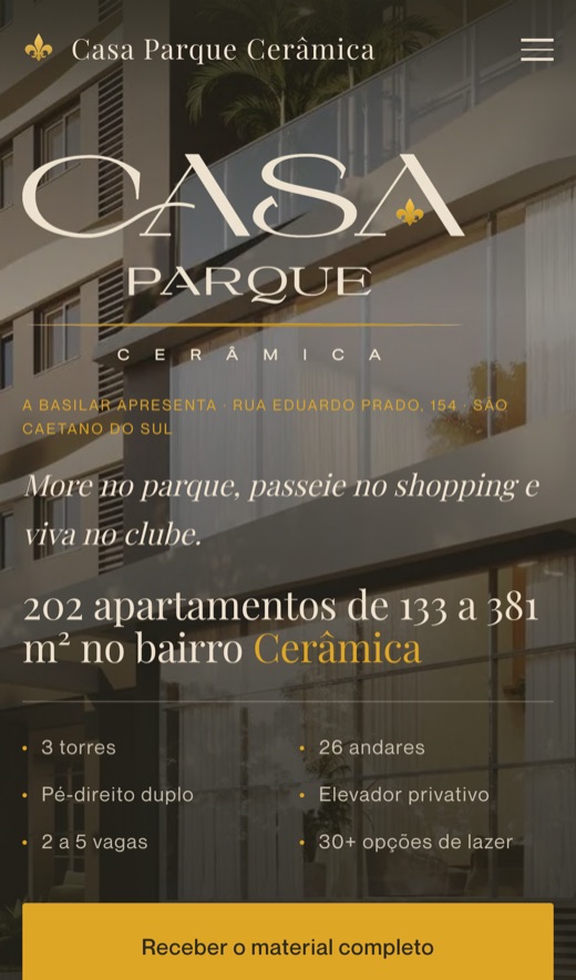 Landing page do Casa Parque Cerâmica no celular