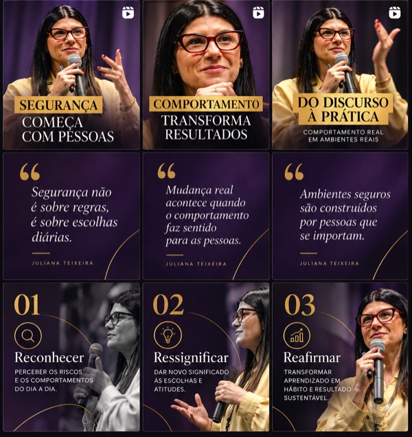 Posts no padrão visual novo: roxo, preto e dourado