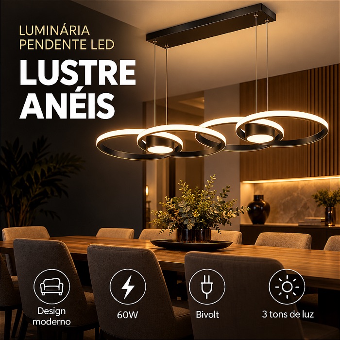 Lustre Anéis aceso sobre uma mesa de jantar